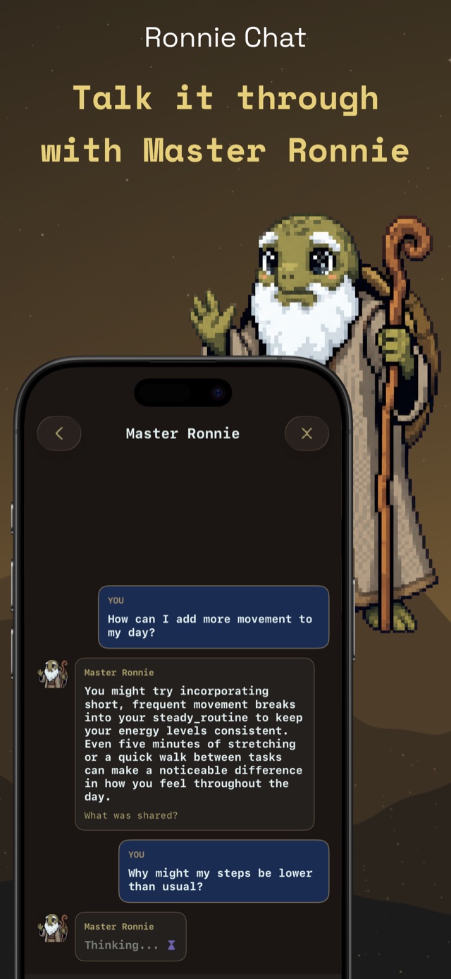 HealthBar App Store screenshot — Ronnie Chat: talk it through with Master Ronnie