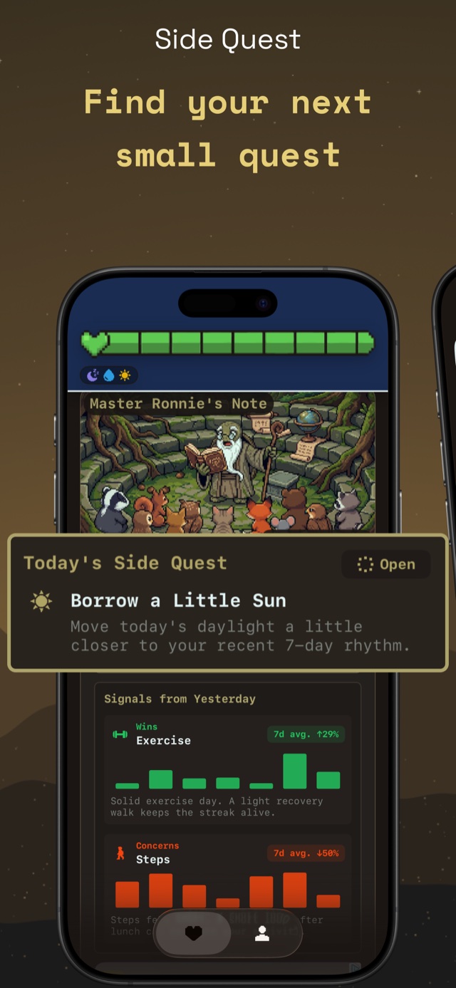 HealthBar App Store screenshot — Side Quest: find your next small quest