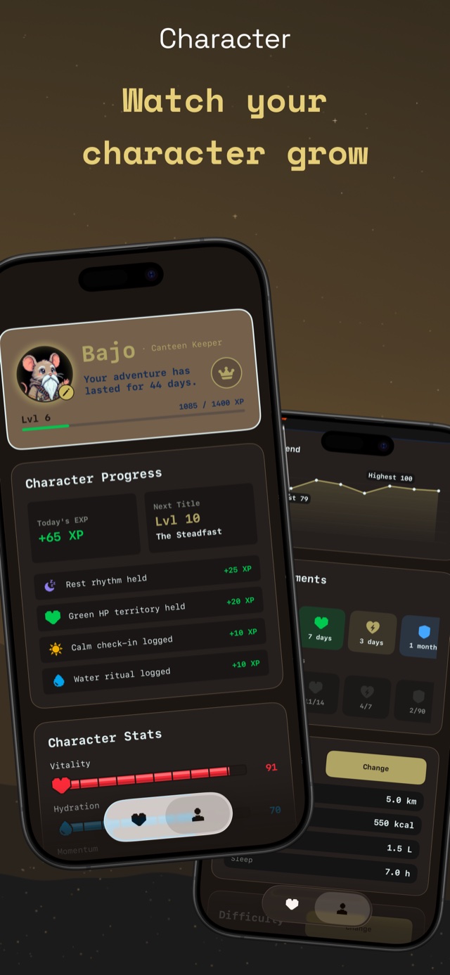 HealthBar App Store screenshot — Character: watch your character grow