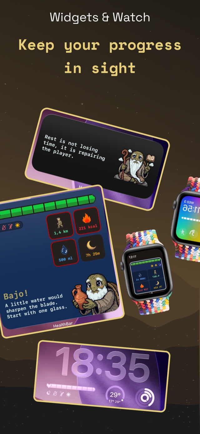 HealthBar App Store screenshot — Widgets and Apple Watch: keep your progress in sight